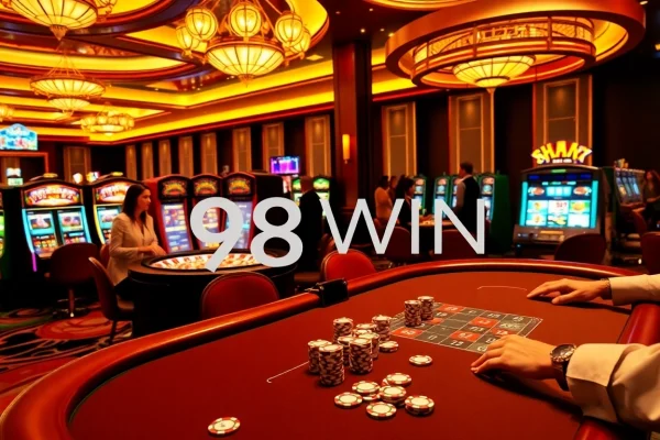 Experience thrilling gameplay at 98WIN's luxurious poker tables with colorful poker chips and an engaging atmosphere.