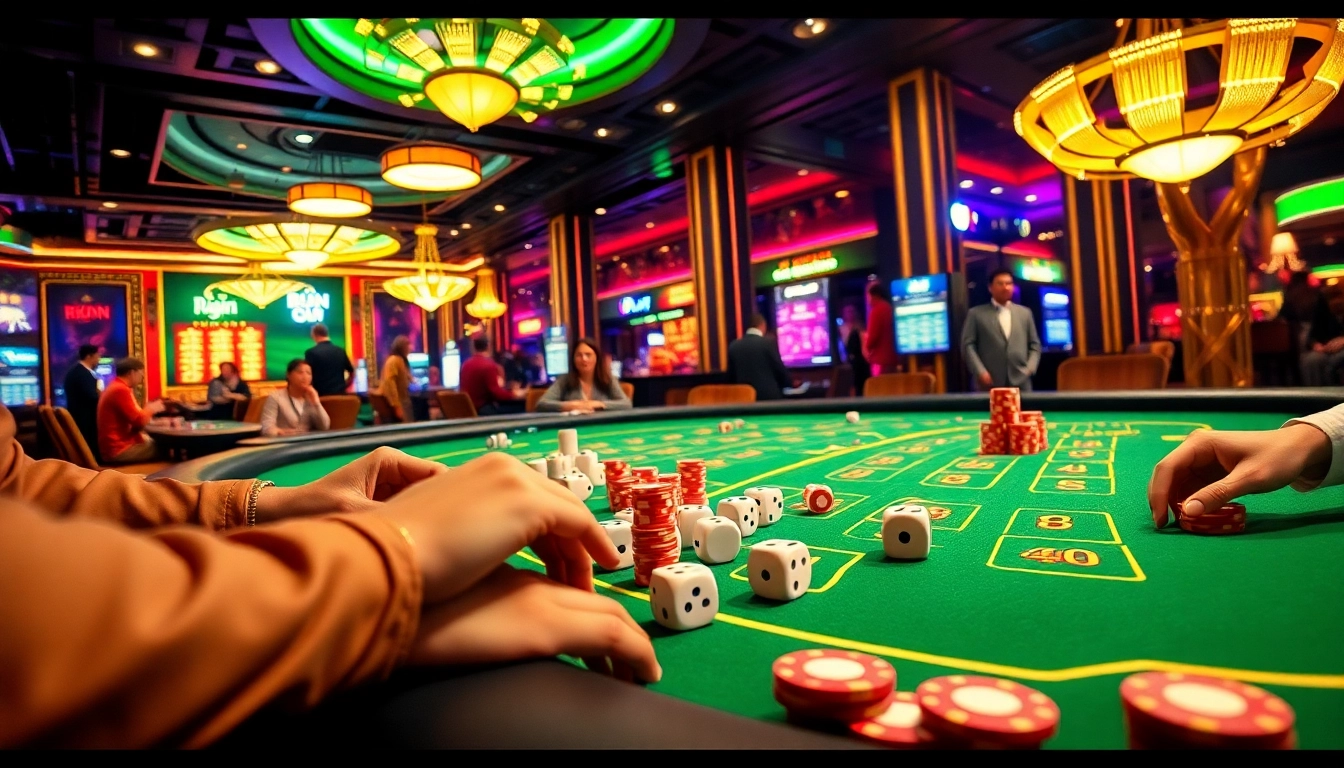 BẮN CÁ players enjoying an exciting game at a glamorous casino table.