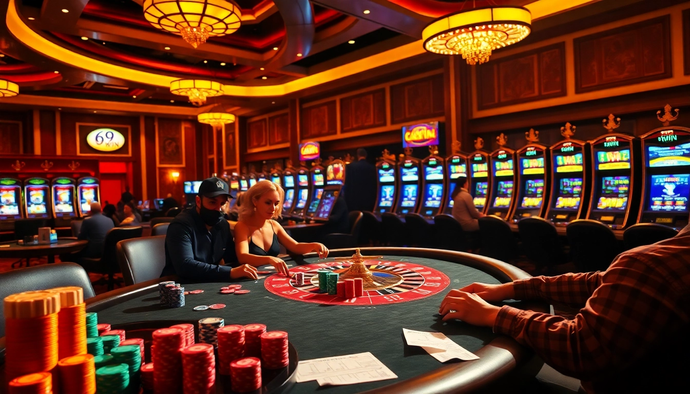 Experience 69WIN at a lively poker table in a vibrant casino setting, where excitement and winning collide.